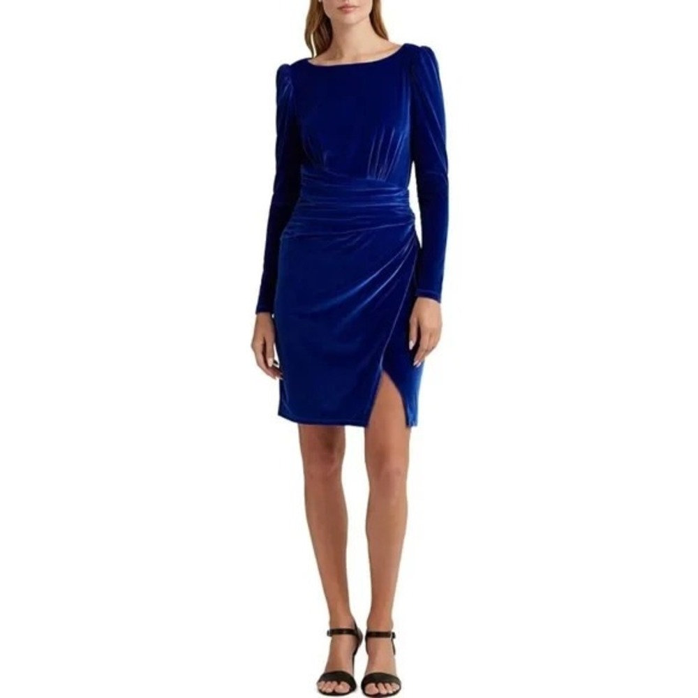 Lauren Ralph‎ Lauren Women's Velvet Puff-Sleeve Dress Blue Size 14 New